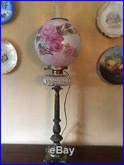 Antique Victorian Parlour Banquet Brass Lamp withoriginal Hand Painted Globe