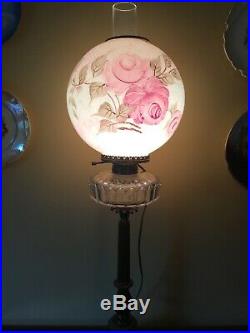 Antique Victorian Parlour Banquet Brass Lamp withoriginal Hand Painted Globe