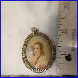 Antique Victorian Pendant 10K Yellow Gold 15 g Hand Painted Miniature Portrait