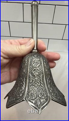 Antique Victorian Pewter Finish Lily Flower Shaped Floral Accent Hand Held Bell