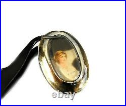 Antique Victorian Pin Brooch Miniature Hand Painted Portrait Solid 10K gold