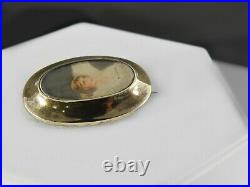 Antique Victorian Pin Brooch Miniature Hand Painted Portrait Solid 10K gold
