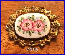 Antique Victorian Pink Flower Brooch Hand Painted Gold Gilded Cameo