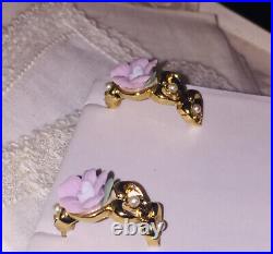 Antique Victorian Pink Flower Brooch Hand Painted Gold Gilded Cameo