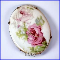 Antique Victorian Pink Roses Porcelain Brooch Transferware & Hand-Painted