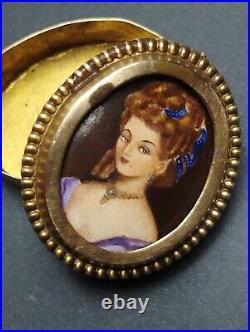 Antique Victorian Portrait Box Cameo Hand Painted Porcelain Lady Pin Vtg