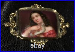 Antique Victorian Portrait Brooch 14k Gold Cameo Hand Painted Porcelain Pendant