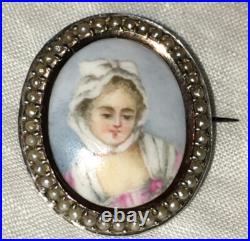 Antique Victorian Portrait Brooch 14k Gold Cameo Hand Painted Porcelain Pendant