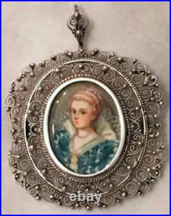 Antique Victorian Portrait Brooch 14k Gold Cameo Hand Painted Porcelain Pendant