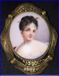 Antique Victorian Portrait Brooch 14k Gold Cameo Hand Painted Porcelain Pendant