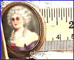 Antique Victorian Portrait Brooch 9k Gold Cameo Hand Paint Porcelain Pendant Pin