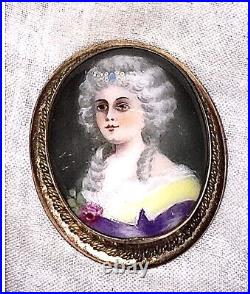 Antique Victorian Portrait Brooch 9k Gold Cameo Hand Paint Porcelain Pendant Pin