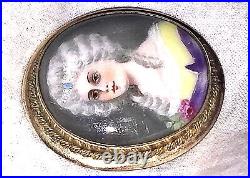 Antique Victorian Portrait Brooch 9k Gold Cameo Hand Paint Porcelain Pendant Pin
