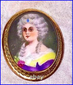 Antique Victorian Portrait Brooch 9k Gold Cameo Hand Paint Porcelain Pendant Pin