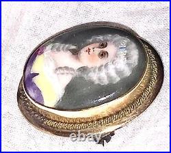 Antique Victorian Portrait Brooch 9k Gold Cameo Hand Paint Porcelain Pendant Pin