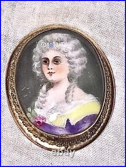 Antique Victorian Portrait Brooch 9k Gold Cameo Hand Paint Porcelain Pendant Pin