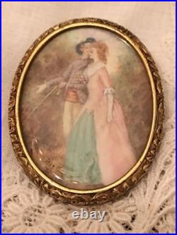 Antique Victorian Portrait Brooch Cameo Courting Couple Gold Hand Painted