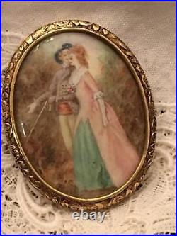 Antique Victorian Portrait Brooch Cameo Courting Couple Gold Hand Painted