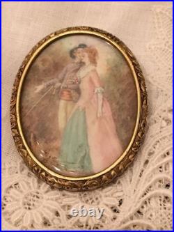 Antique Victorian Portrait Brooch Cameo Courting Couple Gold Hand Painted