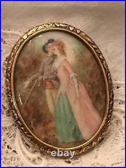 Antique Victorian Portrait Brooch Cameo Courting Couple Gold Hand Painted