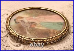 Antique Victorian Portrait Brooch Cameo Courting Couple Gold Hand Painted