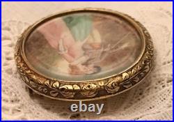 Antique Victorian Portrait Brooch Cameo Courting Couple Gold Hand Painted