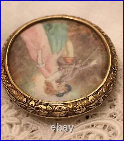 Antique Victorian Portrait Brooch Cameo Courting Couple Gold Hand Painted
