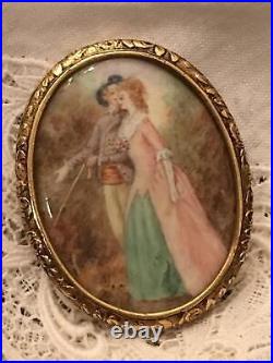 Antique Victorian Portrait Brooch Cameo Courting Couple Gold Hand Painted
