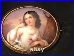 Antique Victorian Portrait Brooch Cameo Courting Couple Gold Hand Painted