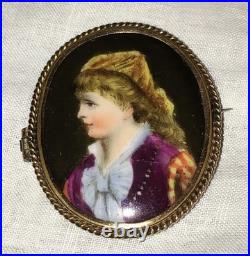 Antique Victorian Portrait Brooch Cameo Courting Couple Gold Hand Painted