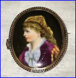 Antique Victorian Portrait Brooch Cameo Courting Couple Gold Hand Painted