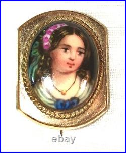 Antique Victorian Portrait Brooch Cameo Courting Couple Gold Hand Painted