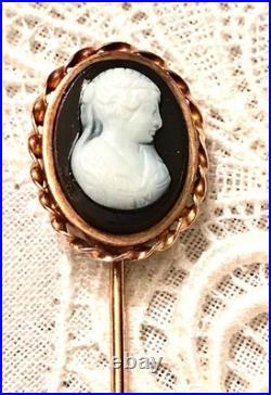 Antique Victorian Portrait Brooch Cameo Courting Couple Gold Hand Painted