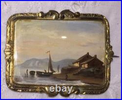 Antique Victorian Portrait Brooch Cameo Courting Couple Gold Hand Painted