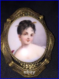 Antique Victorian Portrait Brooch Cameo Gold Hand Painted Ornate Pin