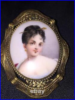 Antique Victorian Portrait Brooch Cameo Gold Hand Painted Ornate Pin