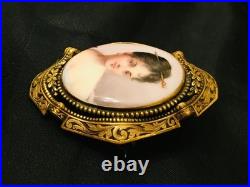 Antique Victorian Portrait Brooch Cameo Gold Hand Painted Ornate Pin