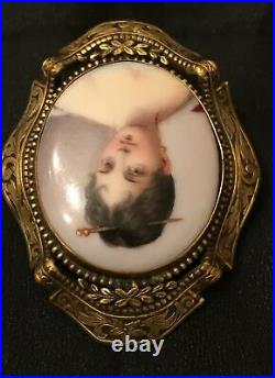 Antique Victorian Portrait Brooch Cameo Gold Hand Painted Ornate Pin