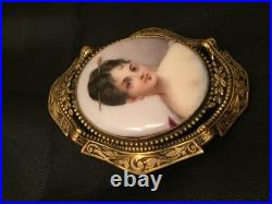 Antique Victorian Portrait Brooch Cameo Gold Hand Painted Ornate Pin