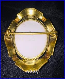 Antique Victorian Portrait Brooch Cameo Gold Hand Painted Ornate Pin