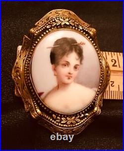 Antique Victorian Portrait Brooch Cameo Gold Hand Painted Ornate Pin