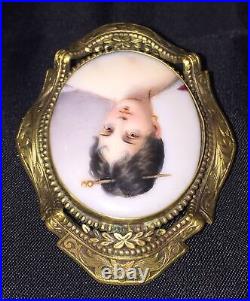 Antique Victorian Portrait Brooch Cameo Gold Hand Painted Ornate Pin