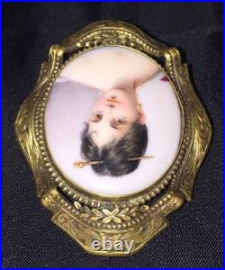 Antique Victorian Portrait Brooch Cameo Gold Hand Painted Ornate Pin