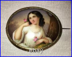 Antique Victorian Portrait Brooch Cameo Gold Hand Painted Ornate Pin