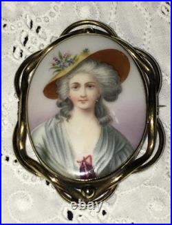 Antique Victorian Portrait Brooch Cameo Gold Hand Painted Ornate Pin