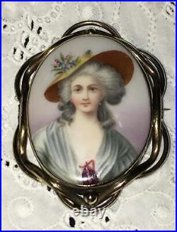 Antique Victorian Portrait Brooch Cameo Gold Hand Painted Ornate Pin