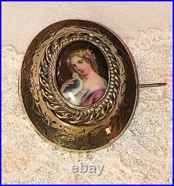 Antique Victorian Portrait Brooch Cameo Gold Hand Painted Ornate Pin