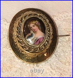 Antique Victorian Portrait Brooch Cameo Gold Hand Painted Ornate Pin