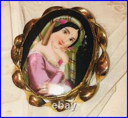 Antique Victorian Portrait Brooch Cameo Gold Hand Painted Ornate Pin