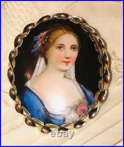 Antique Victorian Portrait Brooch Cameo Gold Hand Painted Ornate Pin